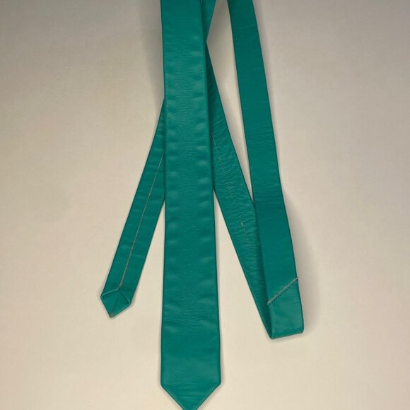 Vintage Unisex Skinny Mint Green Leather Necktie - Picture 2 of 6